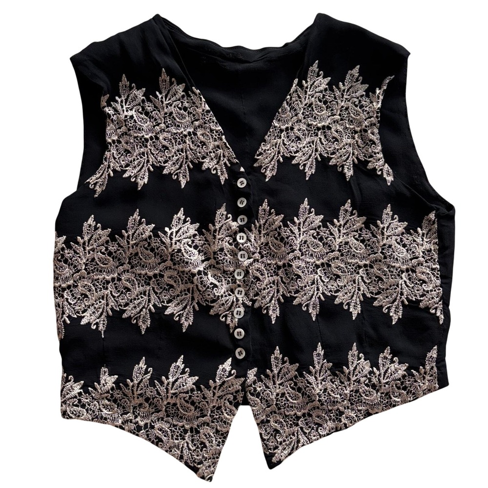 Vintage Parallel Black Embroidered Vest Women Medium Cropped Tie Back Rayon Boho